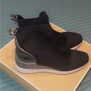 Sporty Black and Gunmetal Fabric Bootie. Super Comfy and Super Stylish.